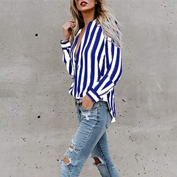 Deep V-Neck Loose Casual Blouse Small Royal Blue - Picture 1 of 4